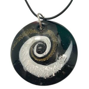 Vtg Murano Style Art Glass Pendant Necklace Black Cord 22" Black Copper White
